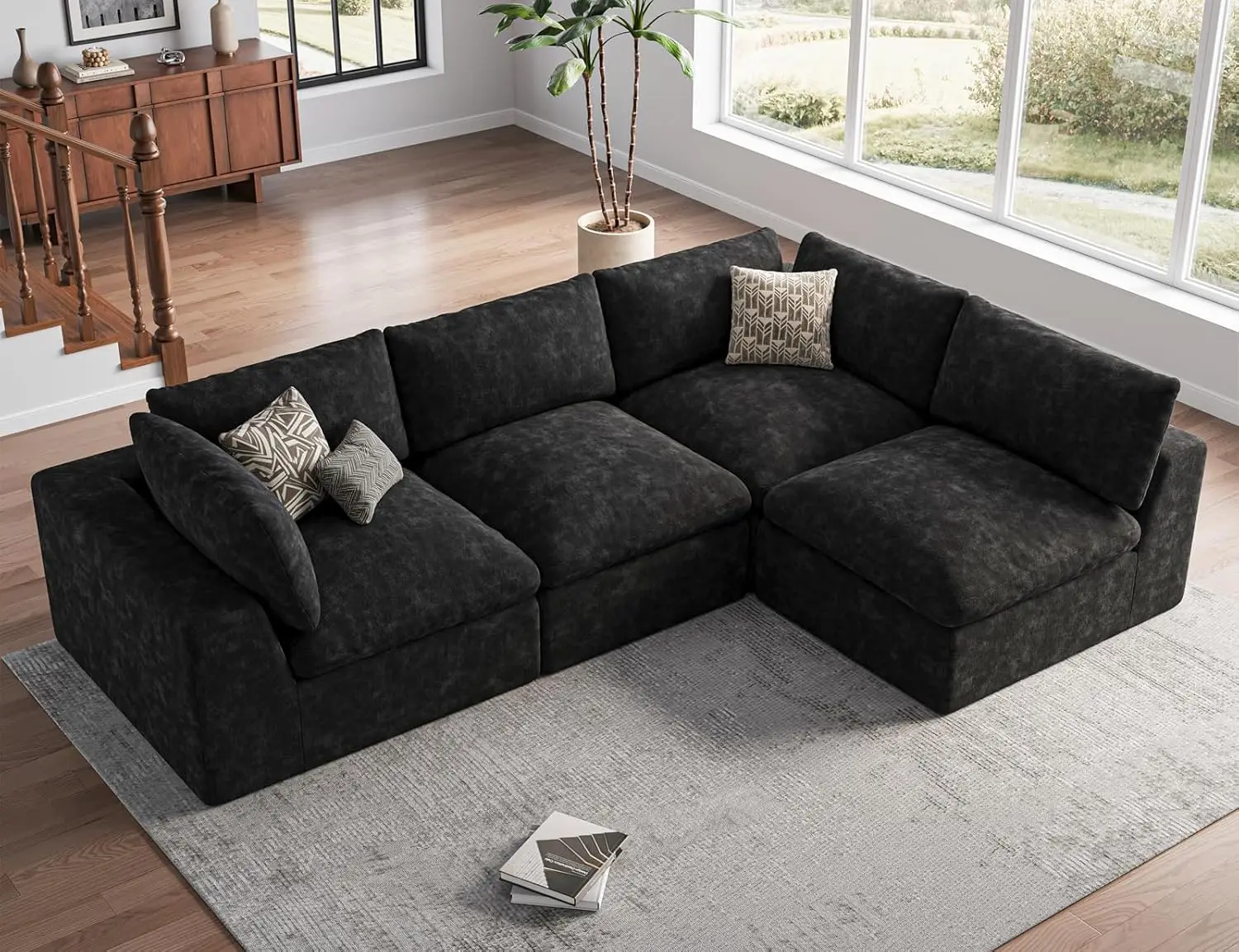 120'' Cloud Oversize Sectional Couch Modern L-Shape Sofa 4 Seater Black Living Room Furniture Customized Boneless Couches