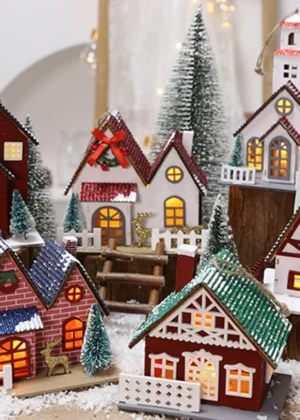 LED Wooden Christmas House Mini Xmas Snow Houses Winter Village Building Figurines Table Ornaments Holiday Party Decor