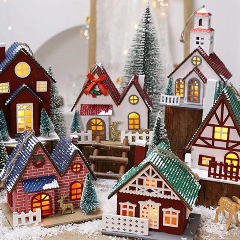 LED Wooden Christmas House Mini Xmas Snow Houses Winter Village Building Figurines Table Ornaments Holiday Party Decor