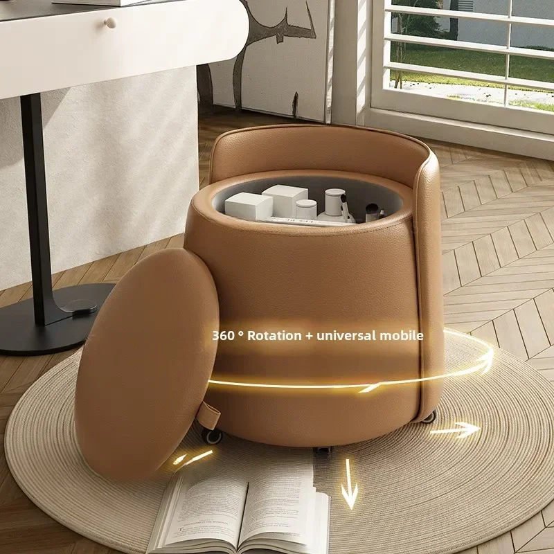 Storage pulley makeup stool with pulley, simple and luxurious solid wood makeup stool, backrest low stool, coffee table stool - Image 4