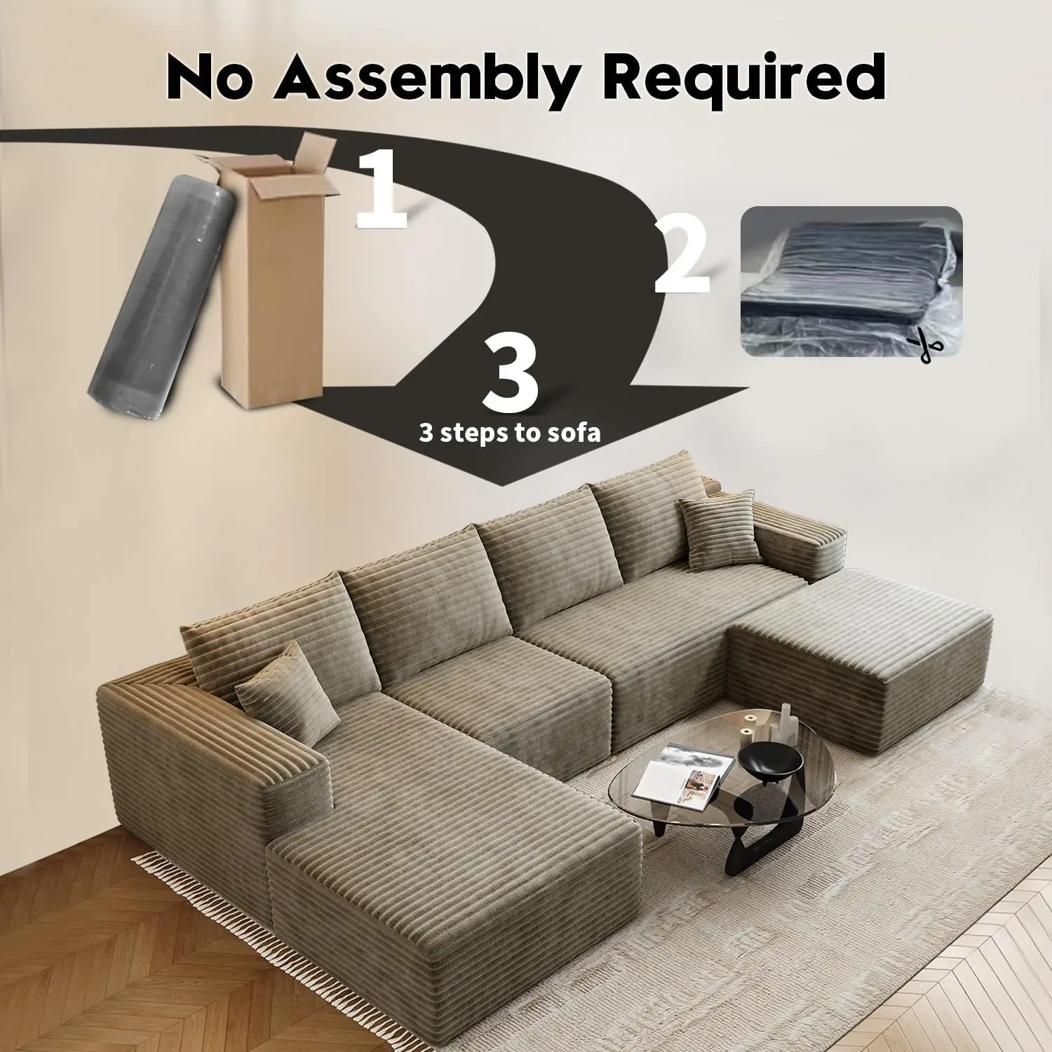 Cloud Modular Sectional Couch with 1 Ottoman,Modern Minimalist Upholstered Couches, Comfort U Shaped Sofa for Living Room - Image 4