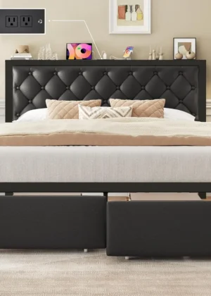 Queen Bed Frame with 2 Drawers, Button Tufted Upholstered Headboard, Charging Station, No Box Spring Needed, Metal Frame, Black