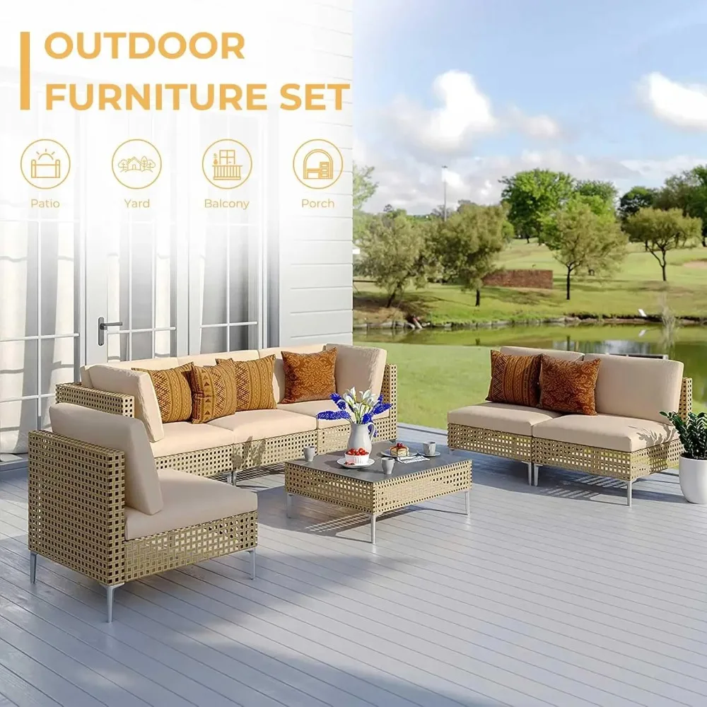 7pcs Wicker Patio Furniture Set, Boho Outdoor Conversation Set Sectional Sofa With Thick Cushions And Coffee Table - Image 2