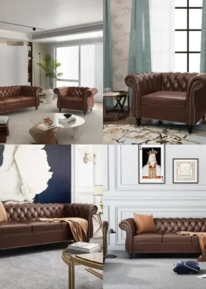 chesterfield style leather sofa and loveseat set with scroll arms and nailhead trim for living room or office