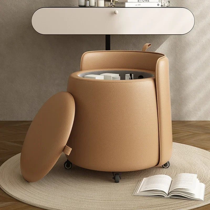 Storage pulley makeup stool with pulley, simple and luxurious solid wood makeup stool, backrest low stool, coffee table stool - Image 2