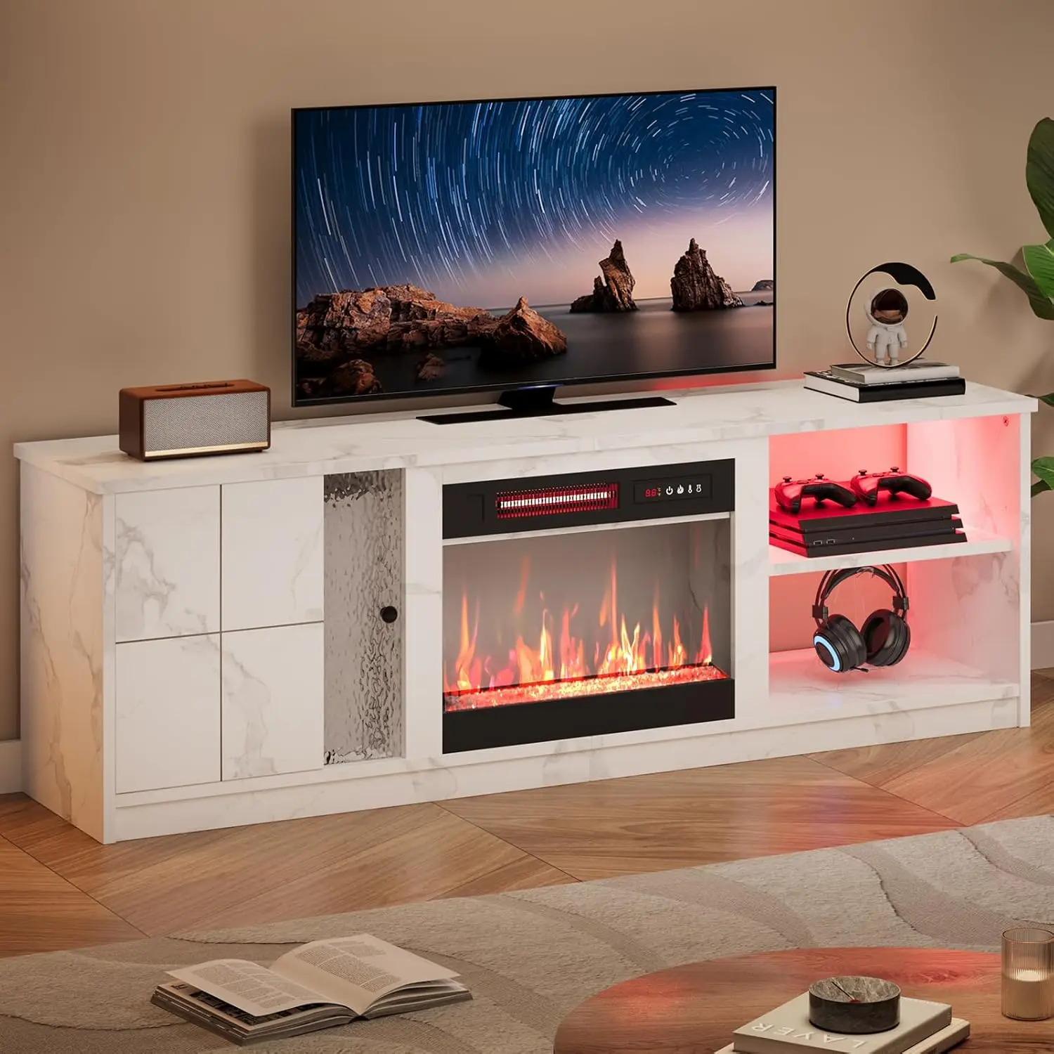 Electric Fireplace TV Stand for TVs up to 70", LED Entertainment Center with Cabinet & Shelves, TV Media Console, Customized