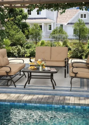 5-Piece Outdoor Metal Furniture Sets Patio Conversation Set Wrought Iron Glider, 2 Single Chairs, Loveseat And, Customized