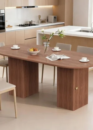 Dining Table for 6-8 People, Long Wooden Kitchen Table, Large Dinner Table with Wood Strip Base, Kitchen Living Room Home Office