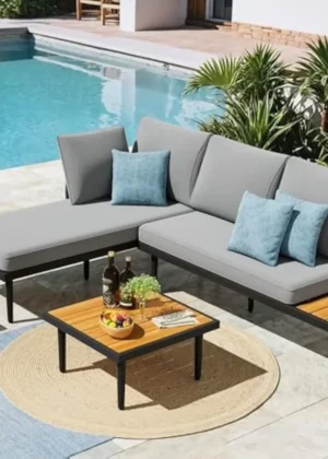 Outdoor Sectional Furniture Patio Sectional Sofa with Acacia Wood Table, Patio L-Shaped Conversation Set with All-Weather