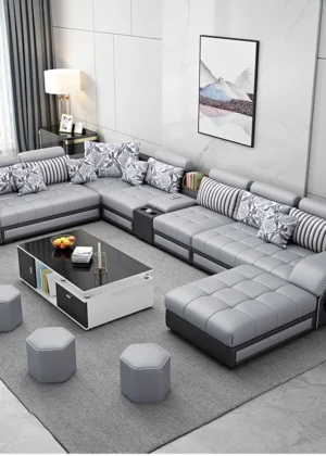 MINGDIBAO Fabric Sofa Set Furniture Living Room Sofa Set with USB and Stools / Big U Shape Cloth Couch Sofas for Home Furniture