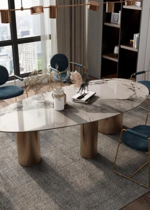 Italian Luxury Stainless Steel Dining Table, Oval Imported Stone Tabletop, Trending Villa Home Design, Corrosion/Heat/Easy-Clean
