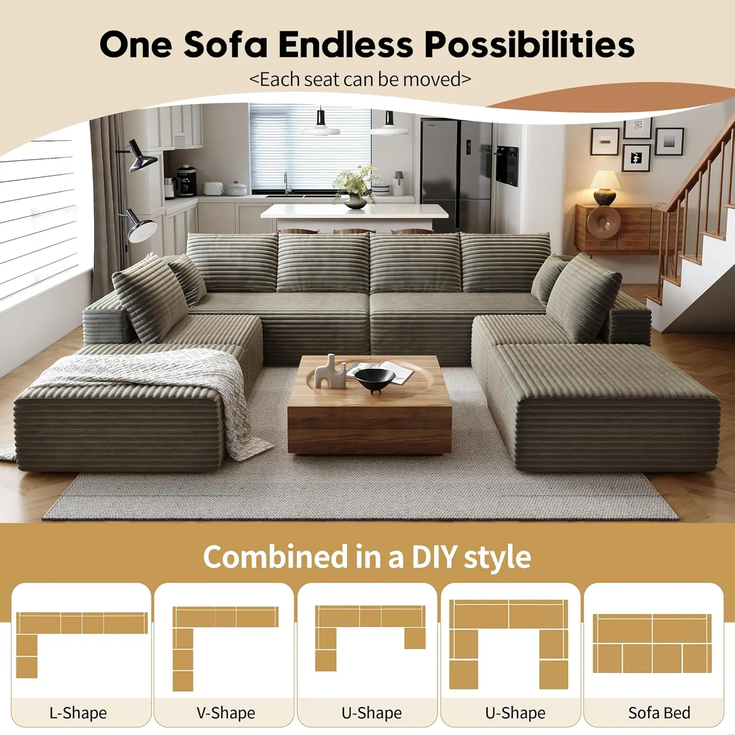 Cloud Modular Sectional Couch with 1 Ottoman,Modern Minimalist Upholstered Couches, Comfort U Shaped Sofa for Living Room - Image 2