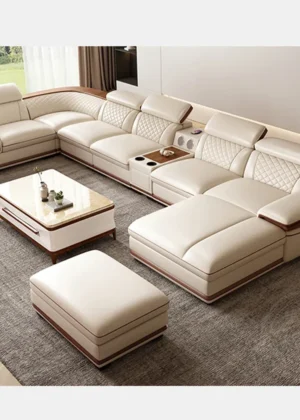 MINGDIBAO Premium Italian Genuine Leather Sofa Set for Living Room with Adjustable Headrests, Bluetooth Speaker, Wireless Charge