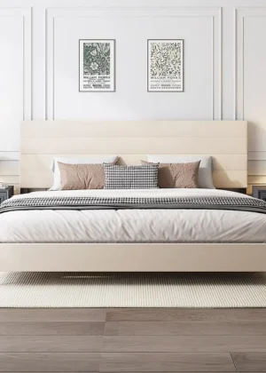 Size Bed Frame, Modern Upholstered Bed Frame King with Adjustable Linen Headboard, Wooden Slats Support Platform, No Box Spring