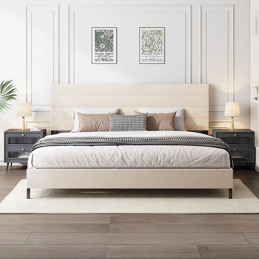Size Bed Frame, Modern Upholstered Bed Frame King with Adjustable Linen Headboard, Wooden Slats Support Platform, No Box Spring