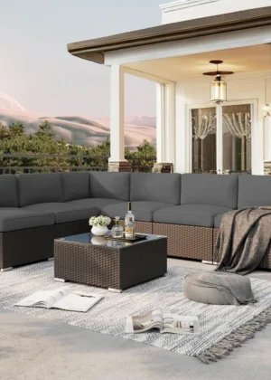 7 Pieces Outdoor Patio Furniture Set, Black Brown Wicker Patio Sectional Sofa Set, Outdoor Couch with Grey Cushion and Tempered