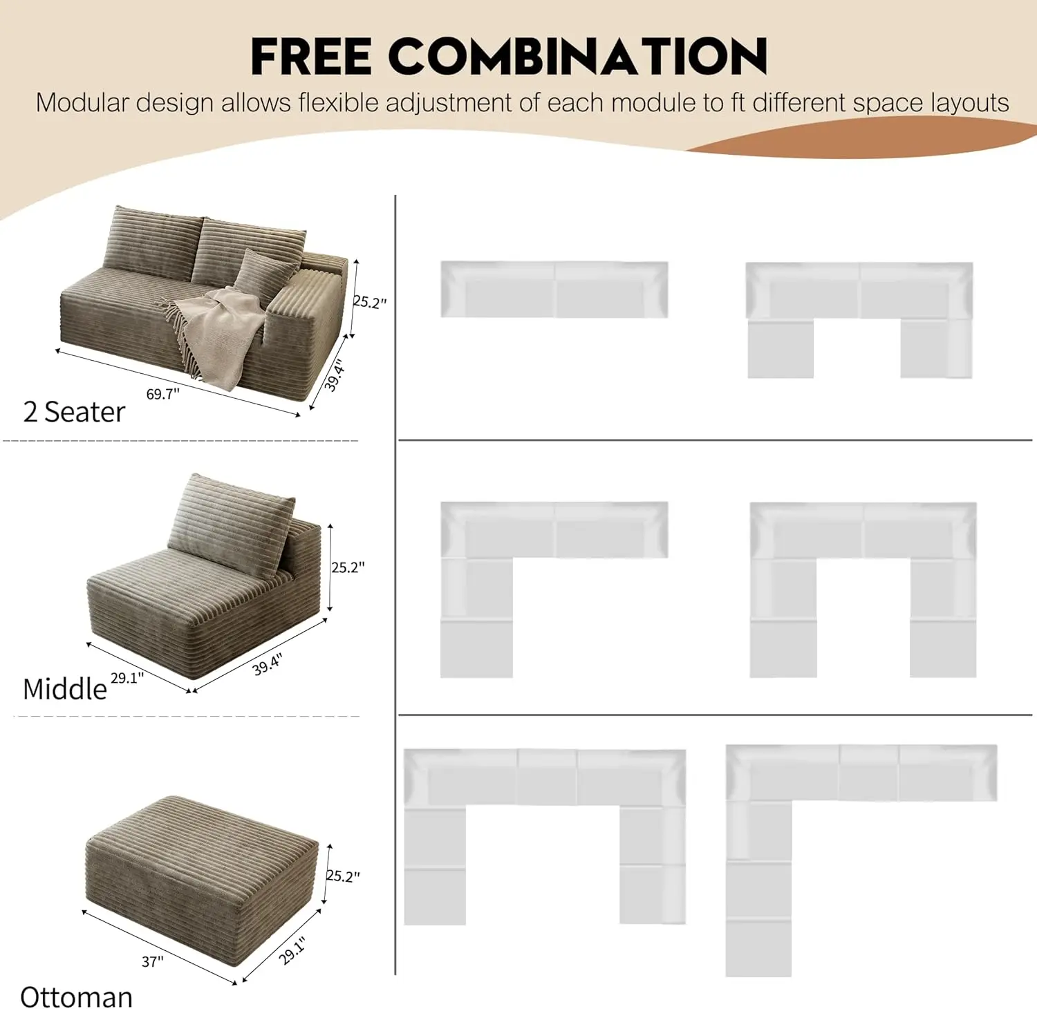 Cloud Modular Sectional Couch with 1 Ottoman,Modern Minimalist Upholstered Couches, Comfort U Shaped Sofa for Living Room - Image 6
